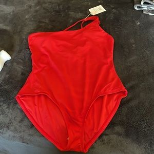 Red one shoulder swimsuit